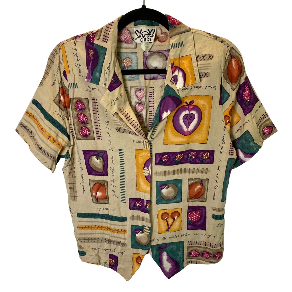 Vintage Box Office Fruit‎ Print Shirt Women M Short Sleeve Artsy Teacher Cottage